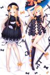  1girl abigail_williams_(fate/grand_order) arm_up bangs bare_legs barefoot bed_sheet black_bow black_dress black_hat black_legwear black_panties blonde_hair bloomers blue_eyes blush bow breasts butterfly closed_mouth commentary_request daki-makura dakimakura dress fate/grand_order fate_(series) forehead hair_bow hat hat_removed headwear_removed key keyhole long_sleeves looking_at_viewer lying multiple_views navel object_hug on_back orange_bow oversized_object panties parted_bangs polka_dot polka_dot_bow red_eyes revealing_clothes single_thighhigh skull_print sleeves_past_fingers sleeves_past_wrists small_breasts smile stuffed_animal stuffed_toy teddy_bear thigh-highs underwear white_bloomers witch_hat 