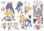  2girls 4koma :3 :3dn alternate_hairstyle aqua_sailor_collar aqua_skirt bangs bkub_(style) blue_eyes blue_shirt blue_swimsuit blush_stickers bow brown_footwear chewing closed_eyes closed_mouth collared_shirt comic eating eyebrows_visible_through_hair food_request gym_shorts hair_bow hair_brush hair_ornament hair_scrunchie hand_on_own_chin heart holding holding_brush hug long_hair long_sleeves looking_at_viewer multiple_girls neckerchief nwn one-piece_swimsuit pajamas parody pipimi poptepipic popuko red_bow red_footwear red_neckwear red_shorts scrunchie shirt short_hair short_sleeves shorts sidelocks simple_background speech_bubble standing style_parody swimsuit translation_request twintails two_side_up wain08 white_background white_legwear white_shirt wing_collar yellow_eyes yellow_scrunchie yuri 