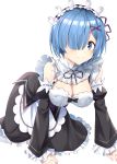  1girl all_fours apron blue_eyes blue_hair bow breasts cleavage detached_collar detached_sleeves flower graphite_(medium) hair_flower hair_ornament hair_over_one_eye hairband highres looking_at_viewer maid mechanical_pencil pencil re:zero_kara_hajimeru_isekai_seikatsu rem_(re:zero) ribbon-trimmed_sleeves ribbon_trim sakimaru short_hair smile traditional_media waist_apron white_apron x_hair_ornament 