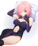  1girl breasts cleavage detached_sleeves fate/grand_order fate_(series) hisayaki_kyuu large_breasts mash_kyrielight navel pillow pink_hair short_hair thigh-highs violet_eyes 