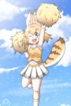  alternate_costume animal_ears bare_shoulders blush cheerleader highres japari_symbol jumping kemono_friends kenu_hachi midriff one_eye_closed pom_poms serval_(kemono_friends) serval_ears serval_tail sparkle tail 