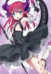 1girl :d blue_eyes boots detached_sleeves elizabeth_bathory_(fate) elizabeth_bathory_(fate)_(all) fate/grand_order fate_(series) flat_chest high_heel_boots high_heels horns long_hair looking_at_viewer open_mouth polearm redhead sketch smile solo tail tail_raised tenrai weapon