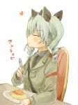  1girl :t anchovy anzio_military_uniform bangs black_neckwear black_shirt blush chair closed_eyes closed_mouth collared_shirt eating eyebrows_visible_through_hair fingernails food foomi fork girls_und_panzer green_hair green_jacket hair_between_eyes heart holding holding_fork jacket long_hair long_sleeves necktie pasta plate ringlets shirt sitting solo spaghetti table translated twintails white_background 