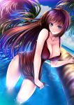  1girl akeyama_kitsune alternate_costume aozaki_aoko bare_arms bare_shoulders blue_eyes breasts brown_hair cleavage collarbone commentary_request large_breasts long_hair looking_at_viewer mahou_tsukai_no_yoru outdoors smile solo standing tsukihime type-moon wading water 