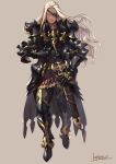  1boy armor bangs blue_eyes boots closed_mouth dark_skin dark_skinned_male eyepatch faulds full_body gauntlets greaves grey_background highres holding holding_sword holding_weapon knight kotatsu_(g-rough) long_hair looking_at_viewer male_focus one_eye_covered original parted_bangs pauldrons sanpaku scabbard sheath signature simple_background solo standing sword weapon white_hair 