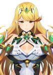  1girl :3 blonde_hair breasts brown_eyes cleavage_cutout earrings gloves highres mythra_(xenoblade) jewelry large_breasts long_hair looking_at_viewer nuezou simple_background smile solo tiara upper_body very_long_hair white_gloves xenoblade xenoblade_2 