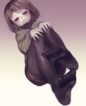  androgynous black_legwear blush brown_hair brown_shorts dutch_angle eyebrows_visible_through_hair feet foreshortening frisk_(undertale) gradient gradient_background hands_on_own_knees invisible_chair long_sleeves looking_at_viewer oshiruko_(tsume) pale_skin pantyhose parted_lips red_eyes shiny shiny_clothes short_hair shorts sitting soles solo undertale 