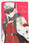  1girl bangs candy darling_in_the_franxx food green_eyes lollipop long_hair pink_background pink_hair text unagi_(mj_yuki) uniform zero_two_(darling_in_the_franxx) 