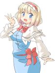  1girl alice_margatroid arnest blonde_hair blue_hair breasts capelet collared_dress commentary_request frills hairband hand_up large_breasts long_sleeves looking_at_viewer open_mouth pencil_skirt red_sash sash short_hair skirt solo touhou white_background white_capelet 