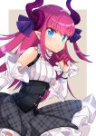  1girl blue_eyes commentary_request detached_sleeves dragon_horns dragon_tail elizabeth_bathory_(fate) elizabeth_bathory_(fate)_(all) fate/extra fate/extra_ccc fate_(series) highres horns long_hair looking_at_viewer mozzarella plaid plaid_skirt pointy_ears pose purple_hair simple_background skirt solo tail two_side_up 