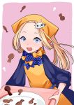  1girl abigail_williams_(fate/grand_order) alternate_headwear apron bangs blonde_hair blue_eyes blush bow character_hair_ornament chocolate commentary_request dress fate/grand_order fate_(series) forehead fou_(fate/grand_order) hair_bow hair_ornament hair_up head_scarf holding holding_tray keyhole long_hair long_sleeves looking_at_viewer miyatsuki_sorako nose_blush open_mouth orange_apron orange_bow parted_bangs pink_background plate polka_dot polka_dot_bow purple_bow purple_dress sleeves_past_fingers sleeves_past_wrists solo tray two-tone_background valentine white_background 