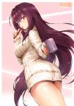  1girl ass blush breasts brushing_teeth cowboy_shot dress dutch_angle fate/grand_order fate_(series) from_behind hair_between_eyes hair_intakes haoni large_breasts long_hair looking_at_viewer looking_back mouth_hold pink_eyes purple_hair ribbed_sweater scathach_(fate/grand_order) sidelocks simple_background solo sweater sweater_dress turtleneck turtleneck_sweater very_long_hair 