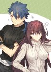  1boy 1girl black_gloves black_sweater blue_hair blush closed_mouth commentary_request cu_chulainn_(fate/prototype) earrings eyebrows_visible_through_hair fate/grand_order fate/prototype fate_(series) gloves highres jewelry lancer long_hair nikame open_eyes ponytail purple_hair red_eyes scathach_(fate/grand_order) signature simple_background sweater turtleneck turtleneck_sweater violet_eyes white_sweater 