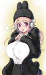  1girl blush breasts fur_coat hat hat_with_ears headphones large_breasts long_hair looking_at_viewer nitroplus open_mouth pink_eyes pink_hair solo super_sonico tsuji_santa 