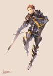 1boy boots breastplate brown_eyes brown_hair closed_mouth full_body gauntlets greaves grey_background highres holding holding_sword holding_weapon knight kotatsu_(g-rough) male_focus original pauldrons shield signature simple_background solo standing standing_on_one_leg sword weapon 