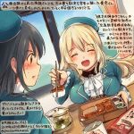  2girls ^_^ ^o^ atago_(kantai_collection) beret black_hair blonde_hair blue_hat chopsticks closed_eyes colored_pencil_(medium) commentary_request dated food hair_between_eyes hat holding_chopsticks kantai_collection kirisawa_juuzou long_hair long_sleeves multiple_girls numbered open_mouth red_eyes short_hair smile takao_(kantai_collection) traditional_media translation_request twitter_username 