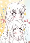  2girls :o ahoge bangs blush clover_hair_ornament commentary_request eyebrows_visible_through_hair graphite_(medium) hair_ornament hairpin hands_on_another&#039;s_shoulders hands_on_own_face head_rest highres iwaki_hazuki love_live! love_live!_sunshine!! mechanical_pencil multiple_girls pencil signature sparkle spot_color takami_chika traditional_media translation_request trembling uranohoshi_school_uniform v-shaped_eyebrows watanabe_you 