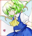  1girl aka_tawashi ascot blue_skirt blue_vest blush bow colored_pencil_(medium) commentary_request daiyousei eyebrows_visible_through_hair eyelashes fairy_wings green_eyes green_hair hair_bow heart leaning_forward looking_at_viewer puffy_short_sleeves puffy_sleeves short_hair short_sleeves side_ponytail simple_background skirt skirt_set smile touhou traditional_media vest white_background wings 