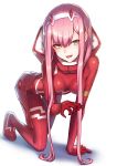  1girl all_fours bangs blush bodysuit breasts commentary_request darling_in_the_franxx eyebrows_visible_through_hair green_eyes hairband horns long_hair looking_at_viewer medium_breasts open_mouth pink_hair red_bodysuit ryuinu shiny shiny_clothes shiny_hair skin_tight smile solo teeth tongue white_hairband zero_two_(darling_in_the_franxx) 