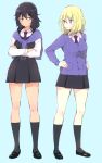  2girls andou_(girls_und_panzer) bangs bc_freedom_school_uniform black_footwear black_legwear black_skirt black_vest blue_background blue_jacket blue_neckwear blush closed_mouth commentary_request crossed_arms diagonal_stripes dress_shirt ebi_(eeemimn) frown full_body girls_und_panzer hands_on_hips jacket jacket_around_neck kneehighs long_sleeves looking_at_another mary_janes medium_hair miniskirt multicolored_neckwear multiple_girls oshida_(girls_und_panzer) pleated_skirt red_neckwear shirt shoes side-by-side skirt standing vest white_shirt wing_collar 