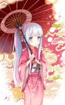  1girl blue_eyes blush collarbone eromanga_sensei holding holding_umbrella izumi_sagiri japanese_clothes kimono long_hair looking_at_viewer noodle-y obi oriental_umbrella parted_lips pink_kimono red_umbrella sash side_ponytail silver_hair solo standing umbrella very_long_hair yukata 