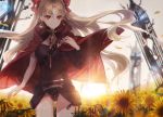  1girl black_dress blonde_hair cape dress ereshkigal_(fate/grand_order) fate/grand_order fate_(series) flower hair_ribbon highres light_smile long_hair petals red_cape red_eyes ribbon short_dress single_sleeve skull solo spine sunflower two_side_up uwro 