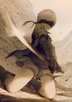  1boy blindfold boots gloves kneeling male_focus nier_(series) nier_automata noeyebrow_(mauve) short_hair shorts solo sword weapon white_hair yorha_no._9_type_s 