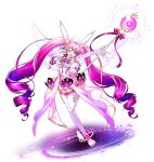  1girl ;d aisha_(elsword) artist_request boots bow brooch crescent curly_hair dress elbow_gloves elsword full_body gloves jewelry long_hair looking_at_viewer magic magical_girl metamorphy_(elsword) multicolored_hair official_art one_eye_closed open_mouth pink_hair purple_bow purple_hair smile solo staff standing standing_on_one_leg star star_in_eye thigh-highs thigh_boots twintails v violet_eyes white_bow white_dress white_footwear white_gloves zettai_ryouiki 