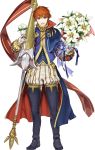  1boy artist_request blue_eyes cape eliwood_(fire_emblem) fire_emblem fire_emblem:_rekka_no_ken fire_emblem_heroes flower full_body highres looking_at_viewer male_focus official_art polearm redhead short_hair smile spear weapon 