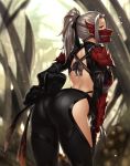  1girl ass back back_cutout breasts grey_hair hand_on_hip highres houtengeki knot large_breasts long_hair looking_at_viewer looking_back mask monster_hunter monster_hunter:_world odogaron_(armor) outdoors pauldrons ponytail solo standing yellow_eyes 