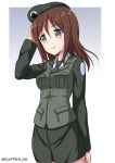  1girl artist_name black_hat blue_eyes brown_hair cowboy_shot eyebrows_visible_through_hair flipper girls_und_panzer green_neckwear hair_between_eyes hand_in_hair hat long_hair megumi_(girls_und_panzer) military military_hat military_uniform miniskirt necktie shirt skirt smile solo standing uniform white_shirt 