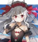  1girl azur_lane bangs bare_shoulders bat_wings black_dress black_gloves bow bridal_veil closed_mouth collarbone criss-cross_halter dress elbow_gloves eyebrows_visible_through_hair finger_to_mouth flower gloves grey_wings hair_between_eyes hair_bow hair_flower hair_ornament halterneck himemiya_shuang long_hair looking_at_viewer metal_wings red_bow red_eyes red_ribbon ribbon silver_hair smile solo vampire_(azur_lane) veil wings 