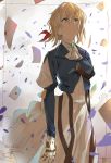  1girl artist_name bangs blonde_hair blue_eyes closed_mouth dress expressionless hair_between_eyes hair_ribbon highres isshiki_(ffmania7) letter looking_up mechanical_arm prosthesis prosthetic_arm red_ribbon ribbon signature solo standing twitter_username violet_evergarden violet_evergarden_(character) white_dress 