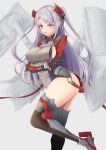  1girl absurdres ass azur_lane bangs bent_knee black_gloves blurry blurry_background breast_hold breasts crossed_arms erect_nipples eyebrows_visible_through_hair eyes_visible_through_hair from_side gloves hair_ornament highres iron_cross lips long_hair long_sleeves looking_at_viewer military military_uniform multicolored_hair parted_lips pink_lips prinz_eugen_(azur_lane) sideboob silver_hair smile solo spekkio36 streaked_hair swept_bangs thigh-highs thighs two_side_up uniform very_long_hair 