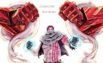  1boy abs arm_tattoo bare_chest black_hair blood blood_on_face bright_background character_name charlotte_katakuri chest clenched_hands covered_mouth fighting_stance gloves hands_up highres living_(pixiv5031111) looking_at_viewer male_focus no_shirt one_piece open_clothes open_vest scar scarf short_hair solo sparkle spikes standing stitches stomach_tattoo tattoo upper_body vest violet_eyes 