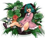  1girl ameyu_(rapon) animal_ears clover commentary dog_ears dress flower flower_request four-leaf_clover grass green_eyes green_hair highres jasmine_(flower) kasodani_kyouko leaf long_sleeves looking_at_viewer open_mouth pink_dress shoes short_hair sitting socks solo teeth tongue touhou white_legwear 