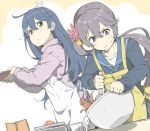  2girls :o ahoge akebono_(kantai_collection) apron baking bell black_sweater blue_hair blue_ribbon blue_sailor_collar blush bowl brown_eyes chocolate closed_mouth collarbone concentrating crab dutch_angle flower grey_eyes hair_between_eyes hair_flower hair_ornament holding jingle_bell kantai_collection long_hair long_sleeves looking_at_viewer looking_to_the_side multiple_girls ninimo_nimo parted_lips pink_sweater purple_hair red_flower ribbed_sweater ribbon sailor_collar side_ponytail sweatdrop sweater tareme two-tone_background ushio_(kantai_collection) v-shaped_eyebrows very_long_hair weighing_scale whisk white_apron x_hair_ornament yellow_apron 