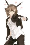  1girl alternate_costume blouse brown_hair cosmic_(crownclowncosmic) formal gloves green_eyes headgear heart kantai_collection looking_at_viewer mutsu_(kantai_collection) short_hair smile solo suit 