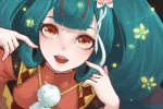  1girl artist_name flower fur_trim futakuchi-onna futakuchi-onna_(onmyoji) green_hair hair_flower hair_ornament highres japanese_clothes long_hair onmyoji open_mouth orange_eyes solo twintails 