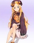  1girl abigail_williams_(fate/grand_order) arm_support bangs black_bow black_dress black_footwear black_hat blonde_hair bloomers blush bow butterfly commentary_request dress fate/grand_order fate_(series) forehead gradient gradient_background hair_bow hat head_tilt long_sleeves looking_at_viewer mary_janes object_hug orange_bow parted_bangs polka_dot polka_dot_bow purple_background shoes sitting sleeves_past_fingers sleeves_past_wrists solo stuffed_animal stuffed_toy teddy_bear underwear violet_eyes white_background white_bloomers woumu 