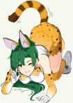  1girl absurdres animal_ears blush bow bowtie cosplay dotentity elbow_gloves fire_emblem fire_emblem:_rekka_no_ken gloves green_eyes green_hair high_ponytail highres kemono_friends long_hair looking_at_viewer lyndis_(fire_emblem) ponytail serval_(kemono_friends) serval_(kemono_friends)_(cosplay) serval_ears serval_print serval_tail shirt simple_background skirt sleeveless smile solo tail 