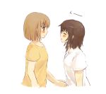  2girls bangs blush brown_hair closed_eyes closed_mouth commentary_request eyebrows_visible_through_hair foomi light_brown_hair long_hair looking_at_another lowres multiple_girls original puffy_short_sleeves puffy_sleeves red_eyes shirt short_sleeves simple_background smile waiting_for_kiss white_background white_shirt yellow_shirt yuri 
