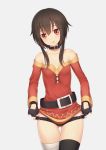  1girl anarchojs bandage bandaged_leg belt black_panties bow bow_panties brown_hair fingerless_gloves gloves highres kono_subarashii_sekai_ni_shukufuku_wo! licking_lips megumin panties panty_pull red_eyes short_hair_with_long_locks simple_background single_thighhigh smile solo thigh-highs tongue tongue_out underwear 