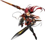  1boy artist_request belt black_hair black_shirt boots dual_wielding earrings elsword elsword_(character) full_body gloves holding holding_sword holding_weapon immortal_(elsword) jewelry long_hair male_focus multicolored_hair official_art pants red_eyes redhead shirt smile solo sword two-tone_hair weapon 