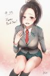  1girl arm_support black_hair black_legwear blush boku_no_hero_academia breasts collared_shirt dated eyes_visible_through_hair gradient gradient_background green_eyes grey_background grey_blazer hand_on_own_chest happy_birthday highres kneehighs large_breasts legs_together long_hair long_sleeves looking_at_viewer necktie open_mouth pleated_skirt ponytail red_neckwear sakiryo_kanna school_uniform shirt signature simple_background sitting skirt solo tearing_up teeth u.a._school_uniform white_shirt yaoyorozu_momo 