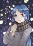 1girl alternate_costume aqua_eyes bangs blue_hair blurry blurry_background blush bokeh brown_gloves coat dated depth_of_field double-breasted eyebrows_visible_through_hair gloves hand_up highres hiroe_(cosmos_blue-02_421) kantai_collection long_hair long_sleeves looking_at_viewer looking_to_the_side plaid plaid_scarf samidare_(kantai_collection) scarf signature snowing solo swept_bangs upper_body winter_clothes 