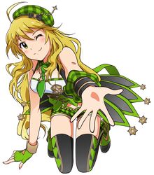  1girl ;) absurdres ahoge akizuki_ritchan arm_support asymmetrical_gloves black_legwear blonde_hair breasts choker full_body gloves green_eyes green_gloves green_hat green_neckwear hair_between_eyes hat highres hoshii_miki idolmaster idolmaster_(classic) kneeling long_hair medium_breasts necktie one_eye_closed short_shorts shorts sleeveless smile solo striped striped_shorts thigh-highs transparent_background very_long_hair wrist_cuffs 