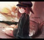  1girl animal_ears bangs black_hat black_jacket blood blood_on_face brown_hair closed_mouth commentary_request dutch_angle foomi gun hair_between_eyes hat jacket jacket_on_shoulders long_hair looking_at_viewer looking_to_the_side military_hat on_ground original oversized_clothes red_eyes sitting solo tail wariza weapon 