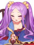  1girl :d bangs blush breasts chinese_clothes chocolate collarbone commentary_request fang fate/grand_order fate_(series) food fruit hanfu long_hair long_sleeves looking_at_viewer matanonki open_mouth parted_bangs purple_hair scrunchie small_breasts smile solo strawberry twintails valentine very_long_hair violet_eyes wide_sleeves wu_zetian_(fate/grand_order) 