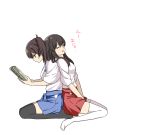  :d ^_^ ^o^ akagi_(kantai_collection) back-to-back bangs between_legs black_legwear blue_skirt book brown_eyes brown_hair closed_eyes eyebrows_visible_through_hair from_side hand_between_legs hip_vent holding holding_book japanese_clothes kaga_(kantai_collection) kantai_collection kimono leaning_forward long_hair marimuu no_shoes open_book open_mouth profile reading red_skirt seiza short_hair short_sleeves side_ponytail simple_background sitting skirt sleeping sleeping_upright smile thigh-highs translation_request wariza white_background white_kimono wide_sleeves zettai_ryouiki 